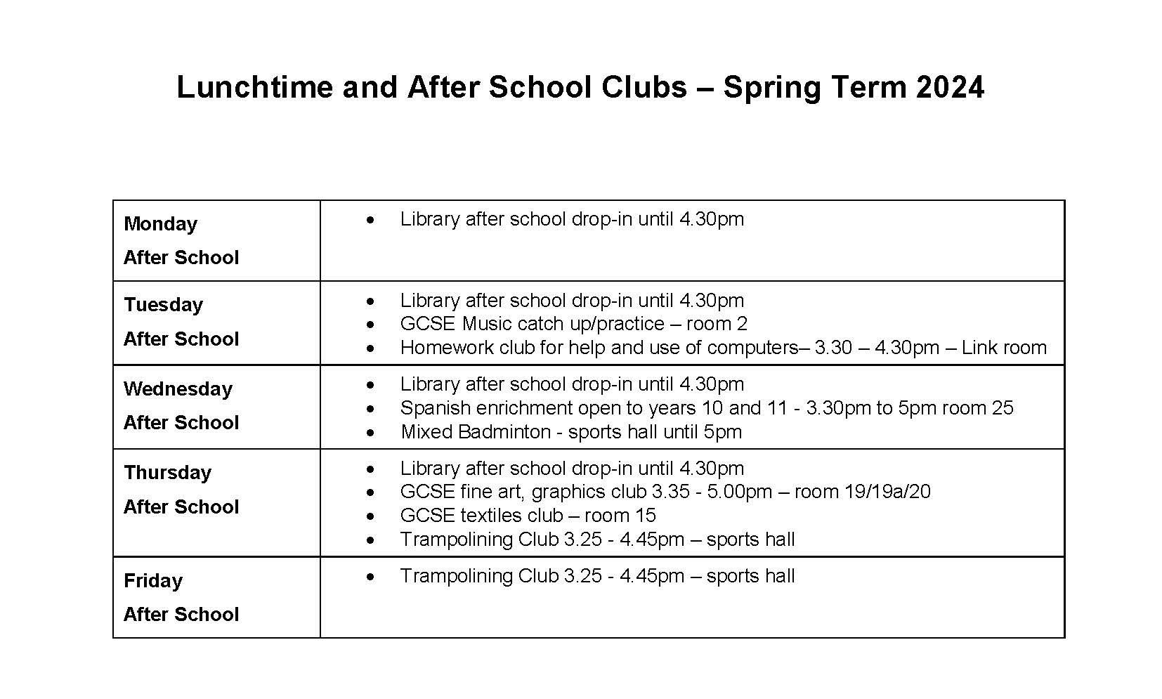 Clubs Spring term 2024 Aylsham High School