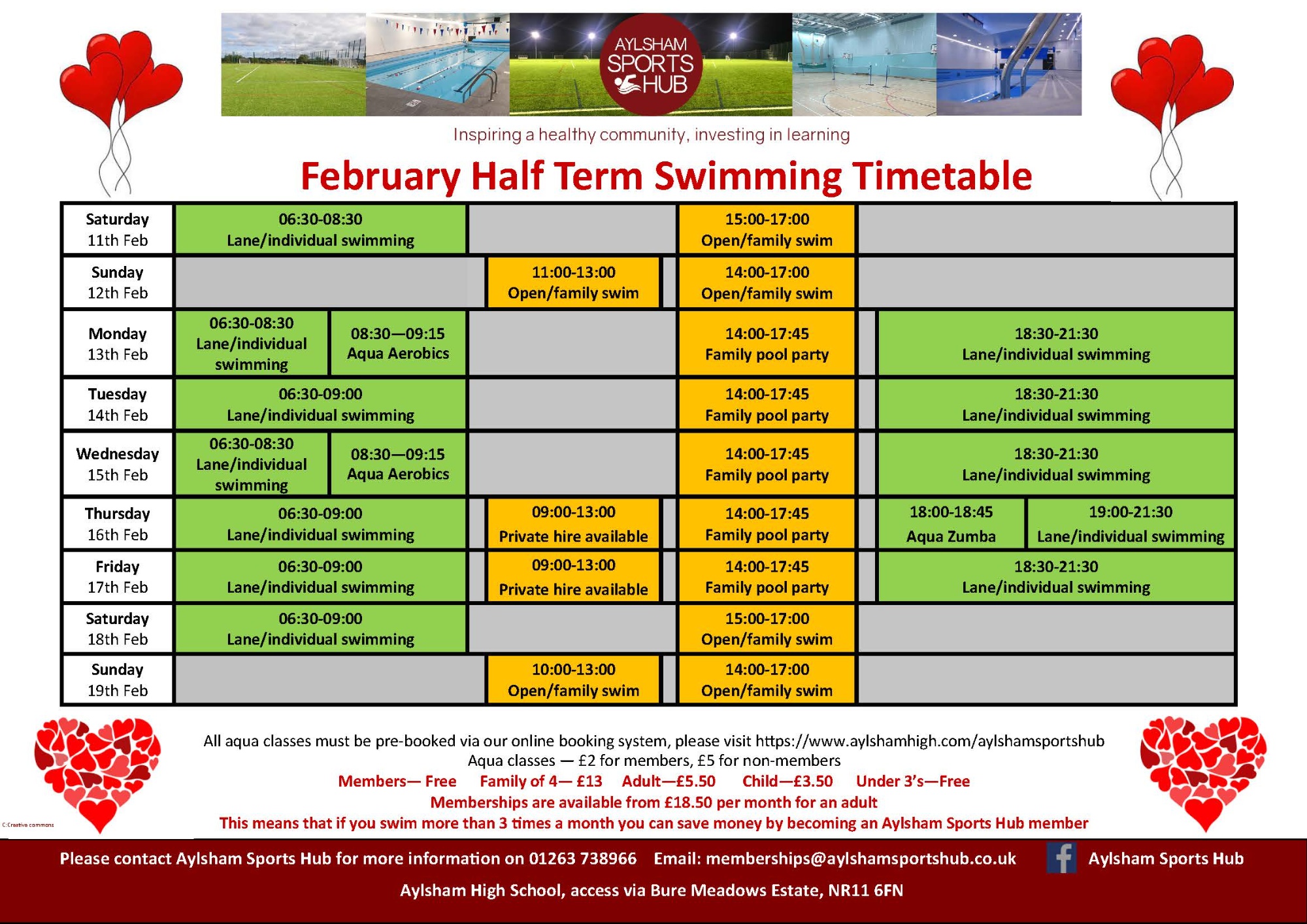 Aylsham Sports Hub Half Term Swimming Pool Timetable
